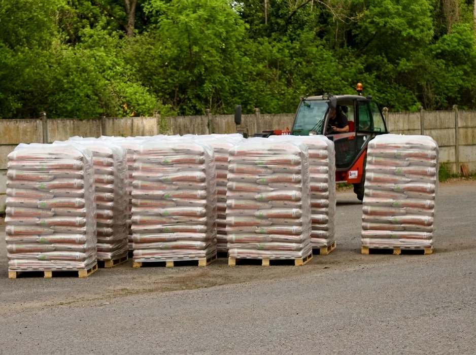 Scène extérieure de stockage logistique : quatre palettes de granulés de bois (pellets) emballées sous film plastique thermorétractable, disposées en ligne sur aire bétonnée