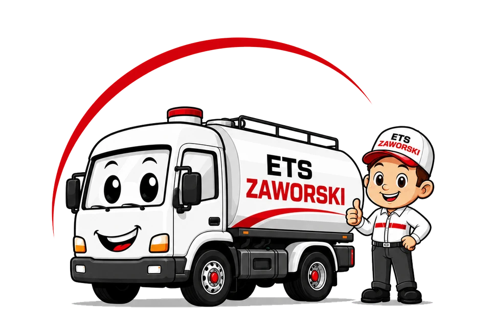 Camion-citerne Iveco Eurocargo blanc aux couleurs de l'entreprise Ets Zaworski, stationné en extérieur